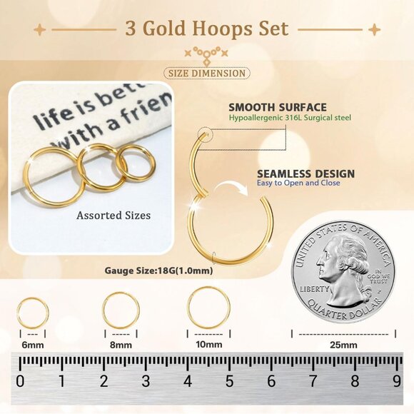 12Pcs Gold Silver Black Hypoallergenic 316L Surgical Steel Nose Jewelry Sets for - Picture 3 of 7